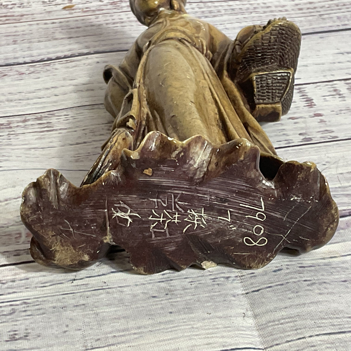 Signed VTG./ANTIQUE Chinese Quan Yin Holding Basket Soapstone Figurine- 7"