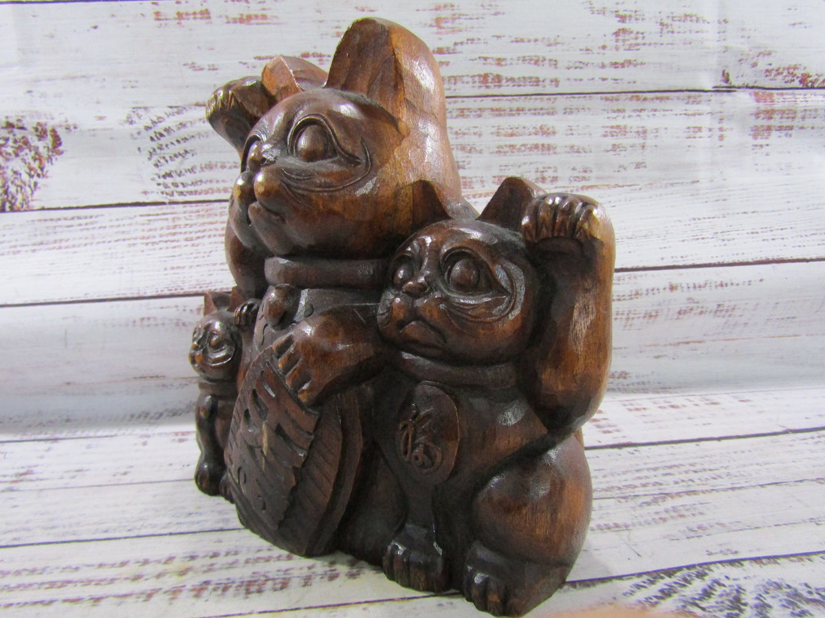 Vintage Hand Carved Wooden Maneki Neko Family Figurine