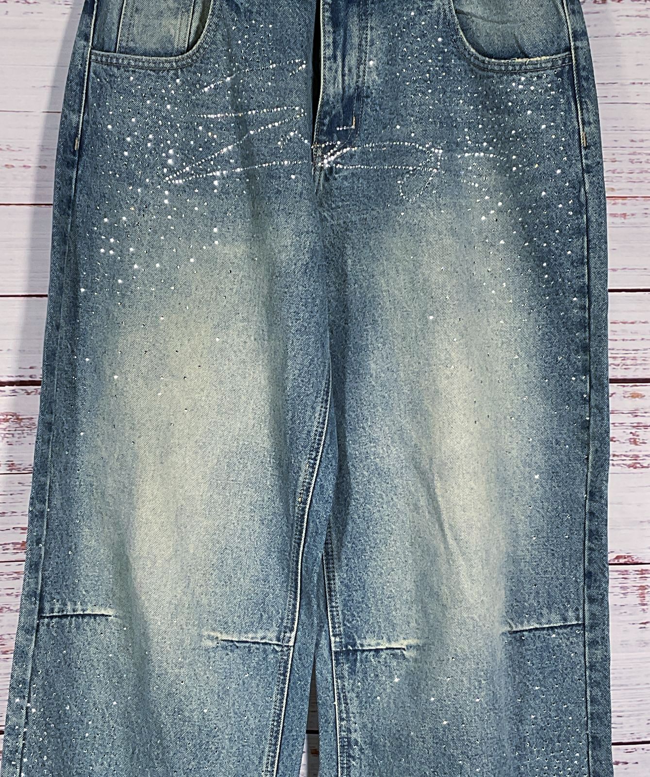 MEDM Mr Enjoy Da Money Denim Rhinestone Embellished Jeans Blue XL