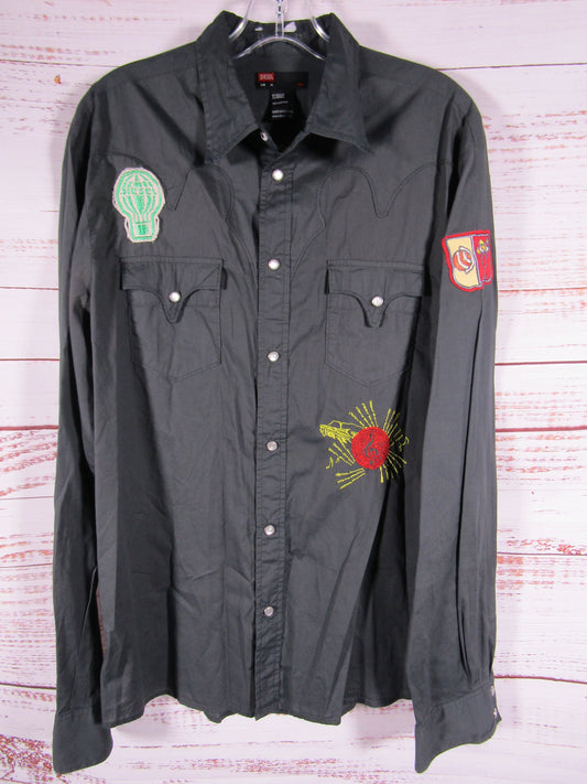 Diesel Special Event Men's Black Long Sleeve Embroidered Patch Shirt Size XL