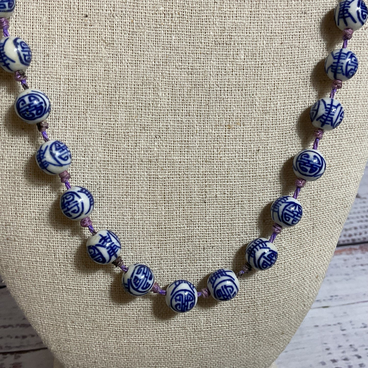 VTG./ANTIQUE Chinese Hand Knotted Blue White Painted Porcelain Beads- 31"