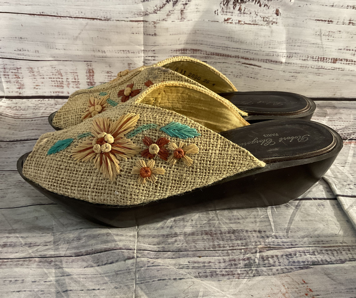 Robert Clergerie Raffia Floral Platform Wedge Sandals Multicolor 7.5