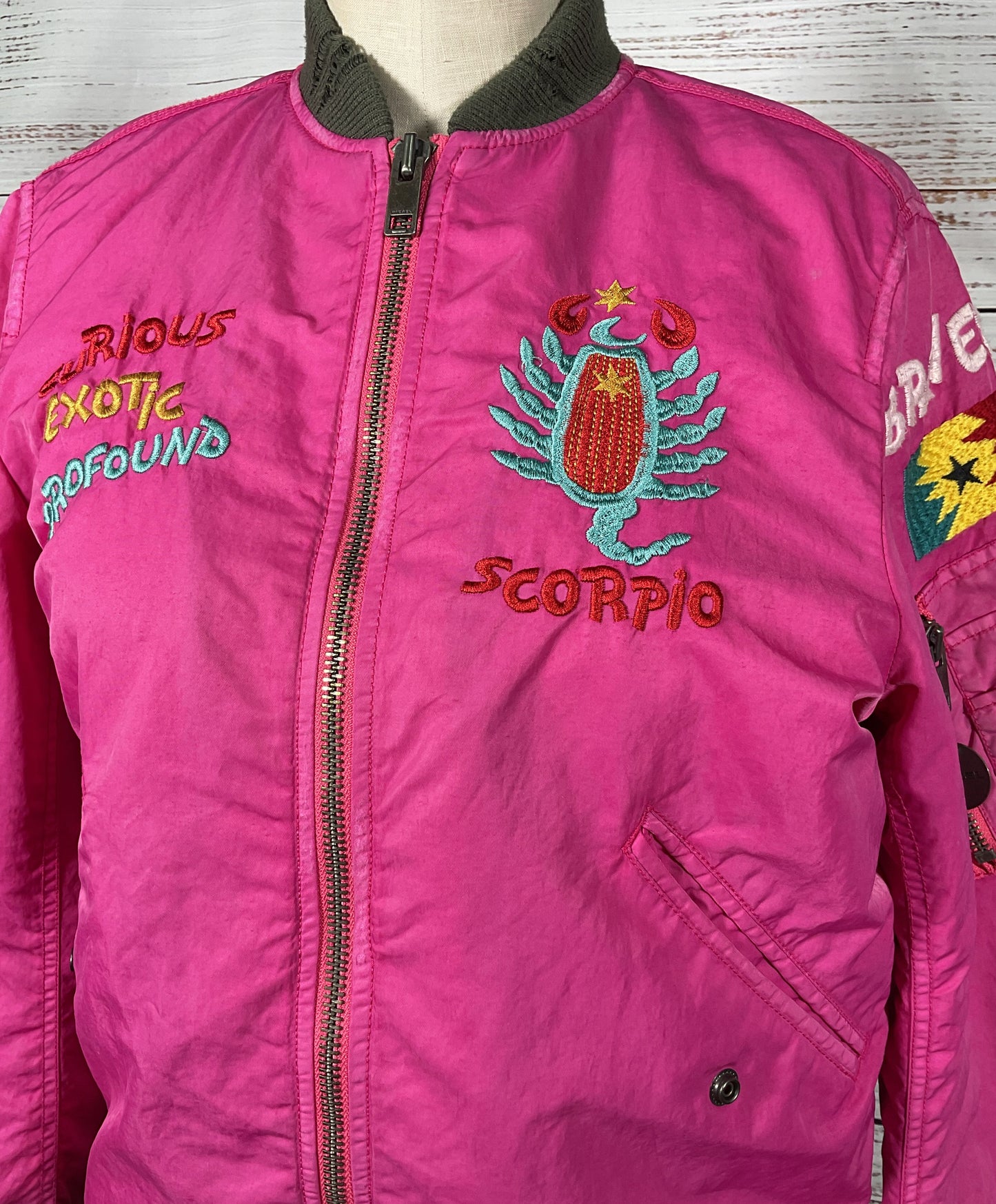 Diesel Scorpio Embroidered Bomber Jacket Hot Pink S