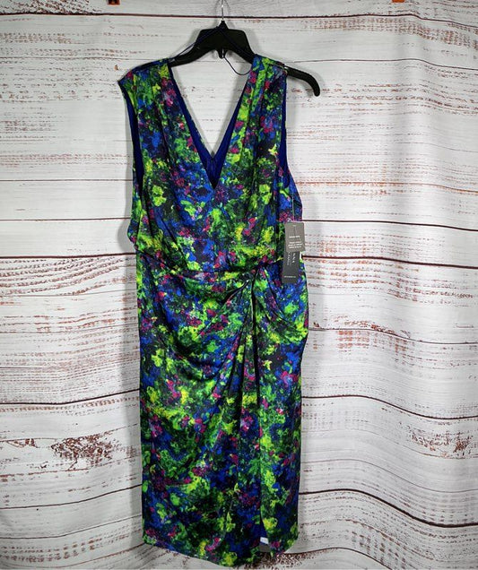 NWT Women's Adrianna Papell Green Print Satin Midi Dress Size 12 Retail $195