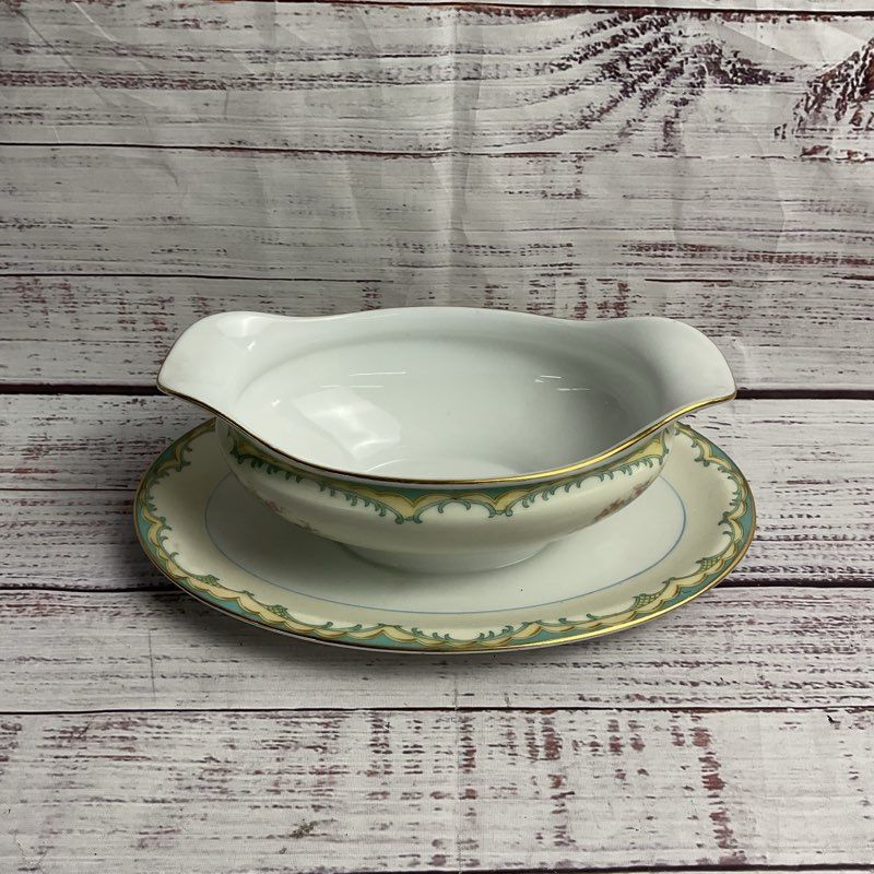 Noritake Ingram 7.5" Floral Gold Trim Porcelain Gravy Boat W/ Underplate