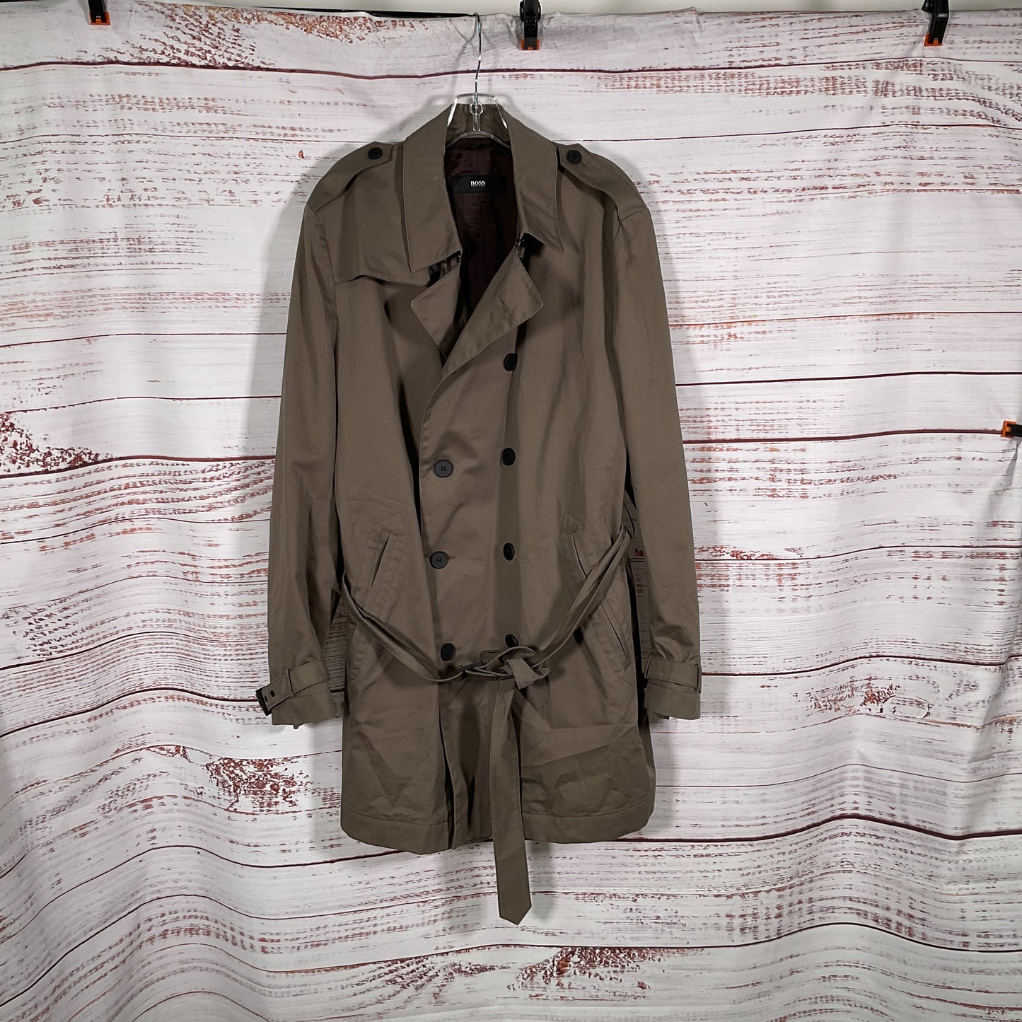 VTG. BOSS Men's Brown Double Breasted Water Repellent Trench Coat- SZ 44R