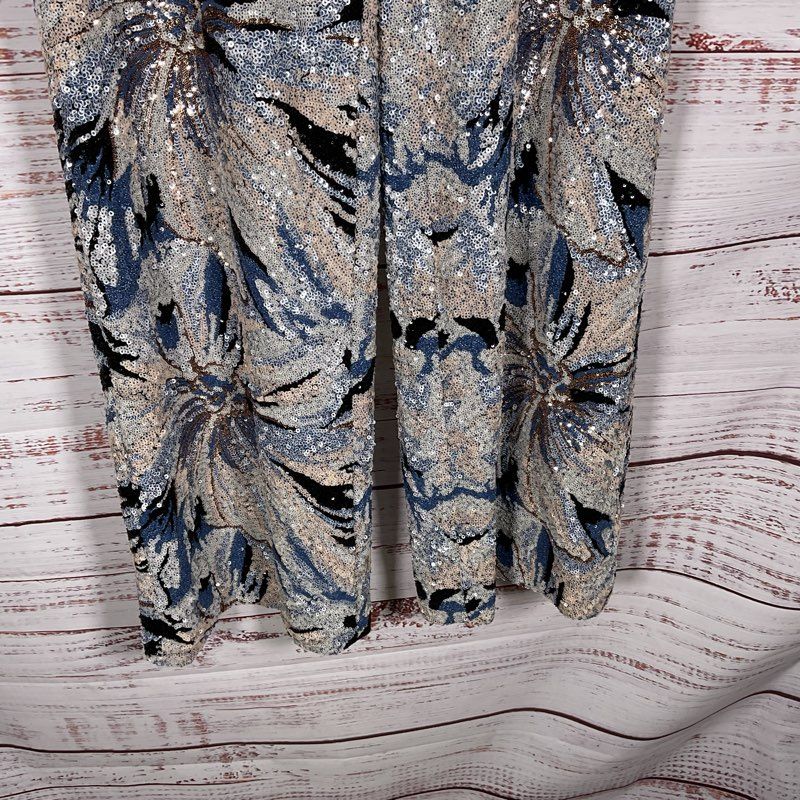 NWT Badgley Mischka Silver & Blue Floral Sequined Wide Leg Pants - Size M