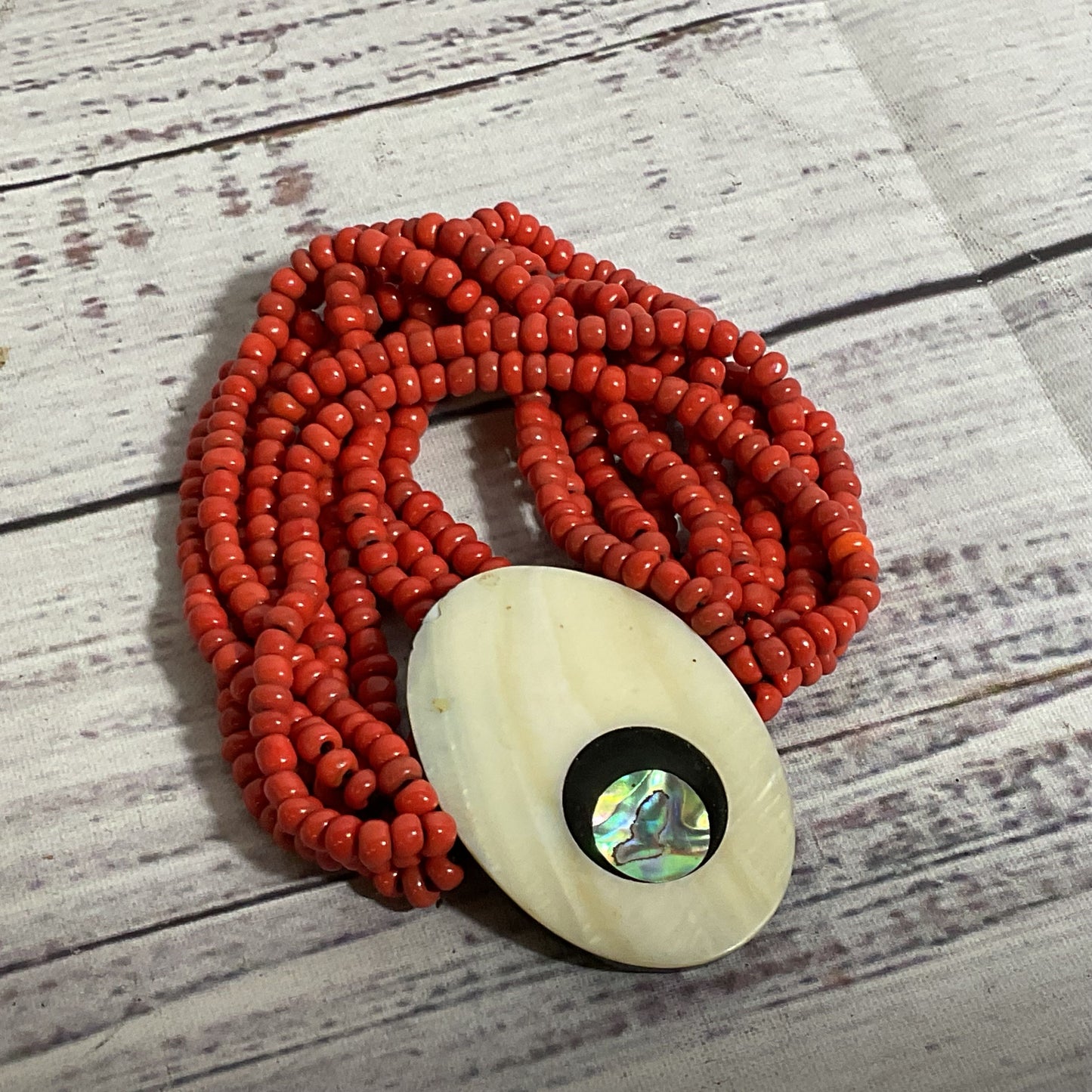 VTG. Red Coral MOP & Abalone Multi Strand Stretch Bracelet