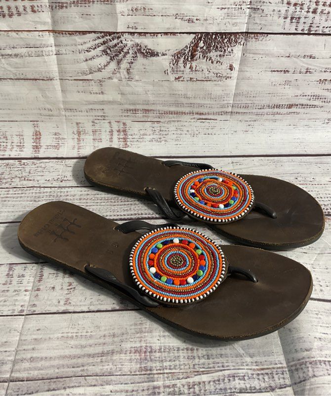 Global Girls Women's Dark Brown Leather Beaded Masia Macho Sandals Size 39