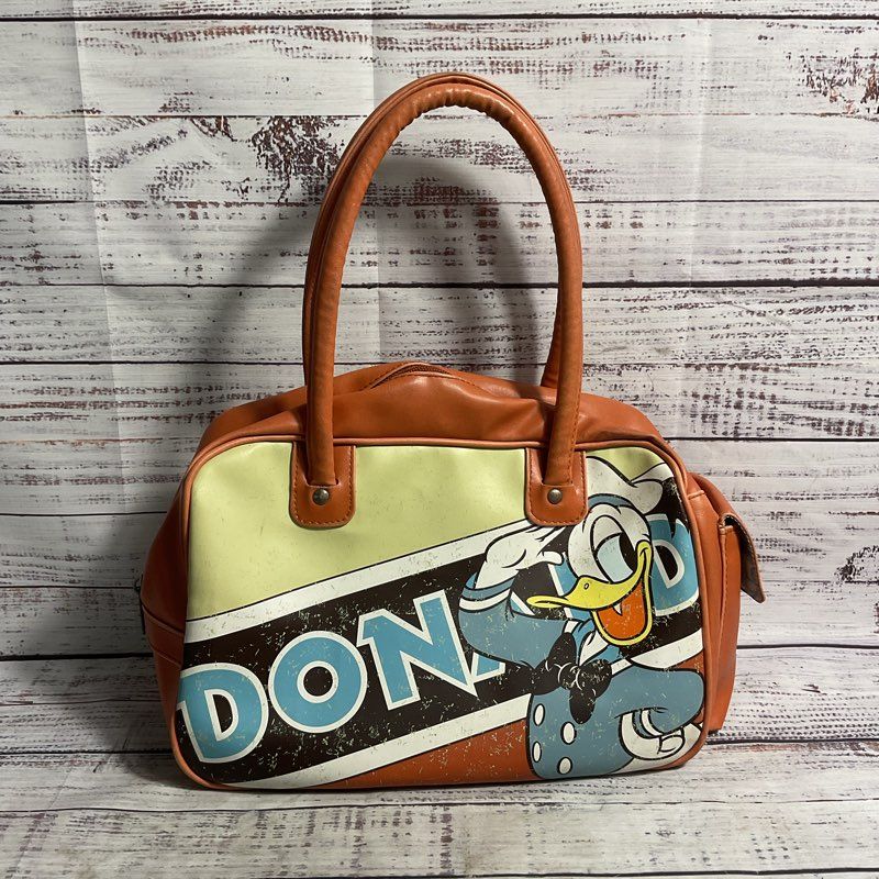 Disney Donald Duck Faux Distressed Print Brown Leather Handbag Purse