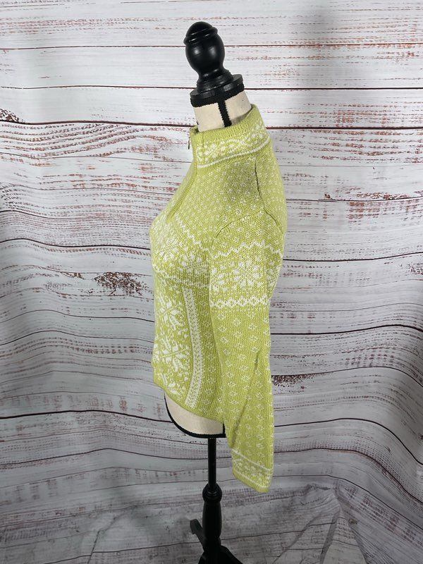 Obermeyer Women's Quarter Zip Nordic Pattern Lime Green Sweater Size S