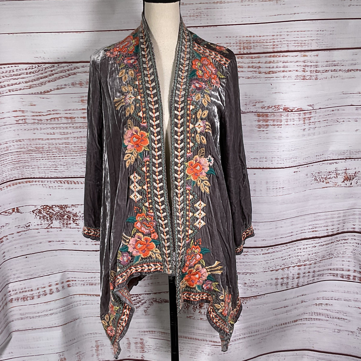 NWT JOHNNY WAS Maeve Velvet Draped Embroidered Cardigan- SZ XS
