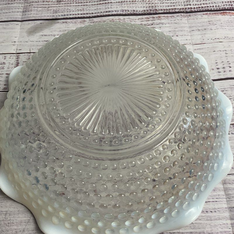 Vintage Set Of 2 Hobnail Moonstone Opalescent Ruffled Edge Glass Bowls