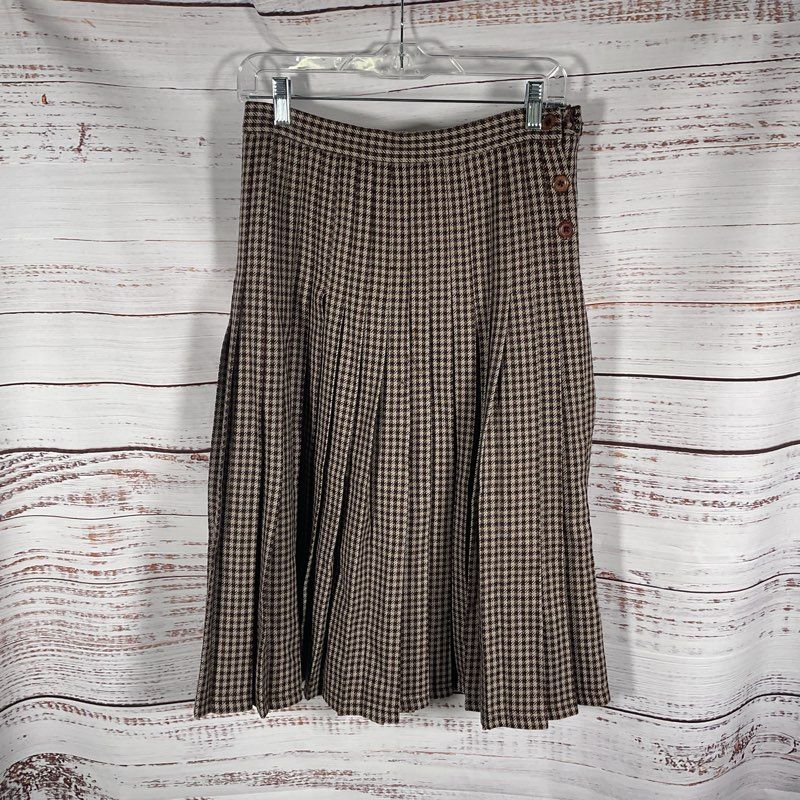 VTG. Jaeger Tan Houndstooth Pleated Wool Skirt - Size 12