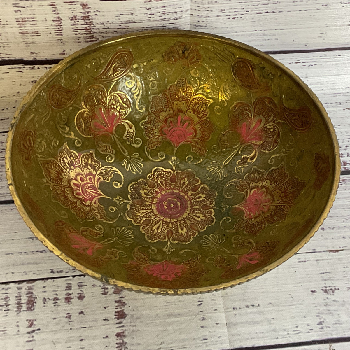 VINTAGE Brass Enamel Footed Bowl-6.5"
