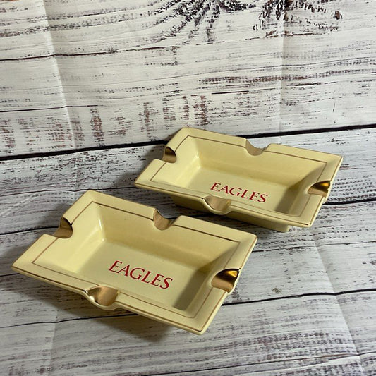 Set of 2 VTG. VIBEE Yellow with Gold Accent Ashtrays- 6" x 4"