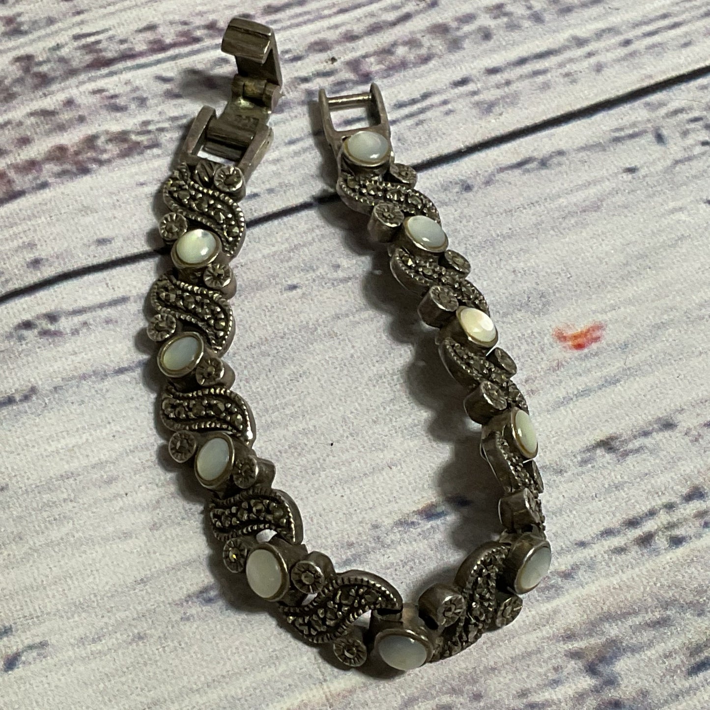 Sterling Silver & Moonstone, Marcasite Link 5.75" Bracelet- 20.29g