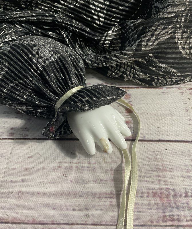 Vintage Porcelain Clown Doll Harlequin Floral Cheeks Black Silver Attire 17"