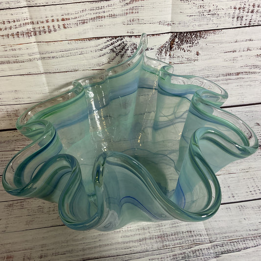 MURANO Style Handkerchief Blue Green Swirl Art Glass Bowl- 12" x 7.75"