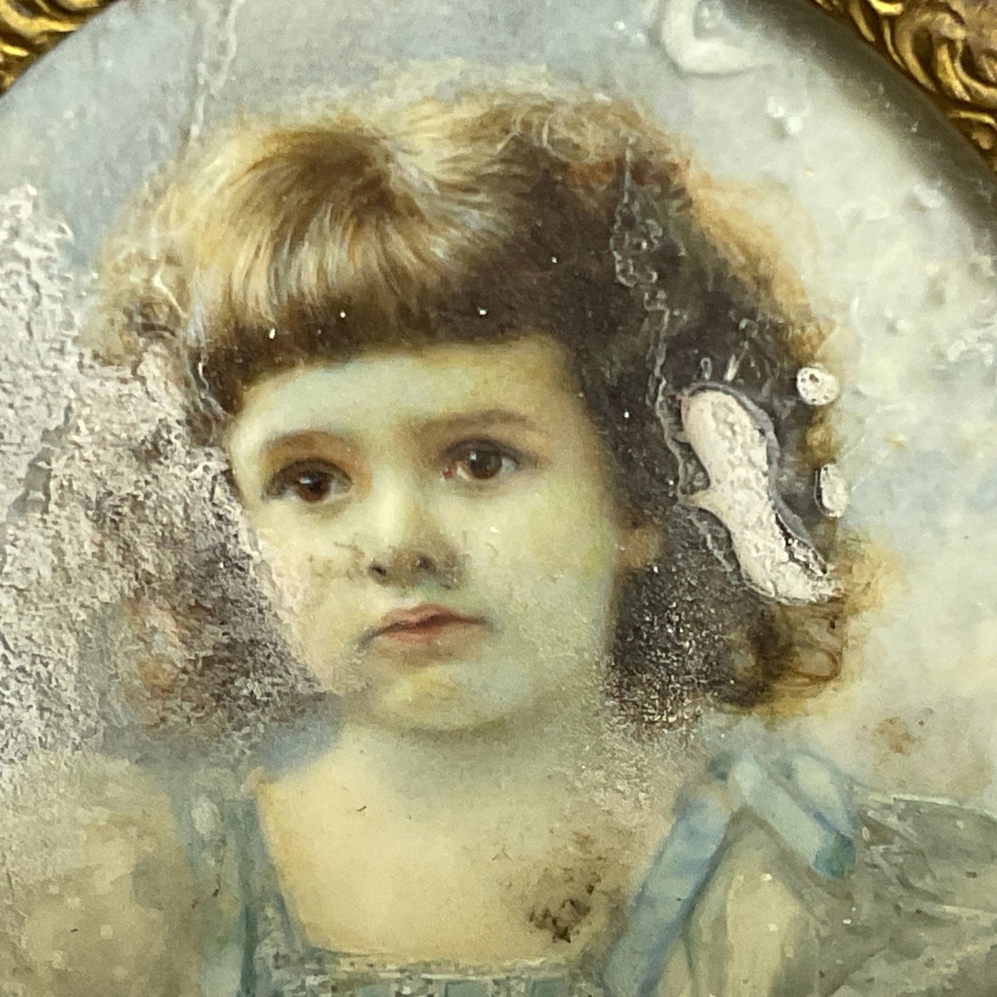 Signed ANTIQUE Miniature Portrait of Child w/ William Schaus Brass Gilded Frame