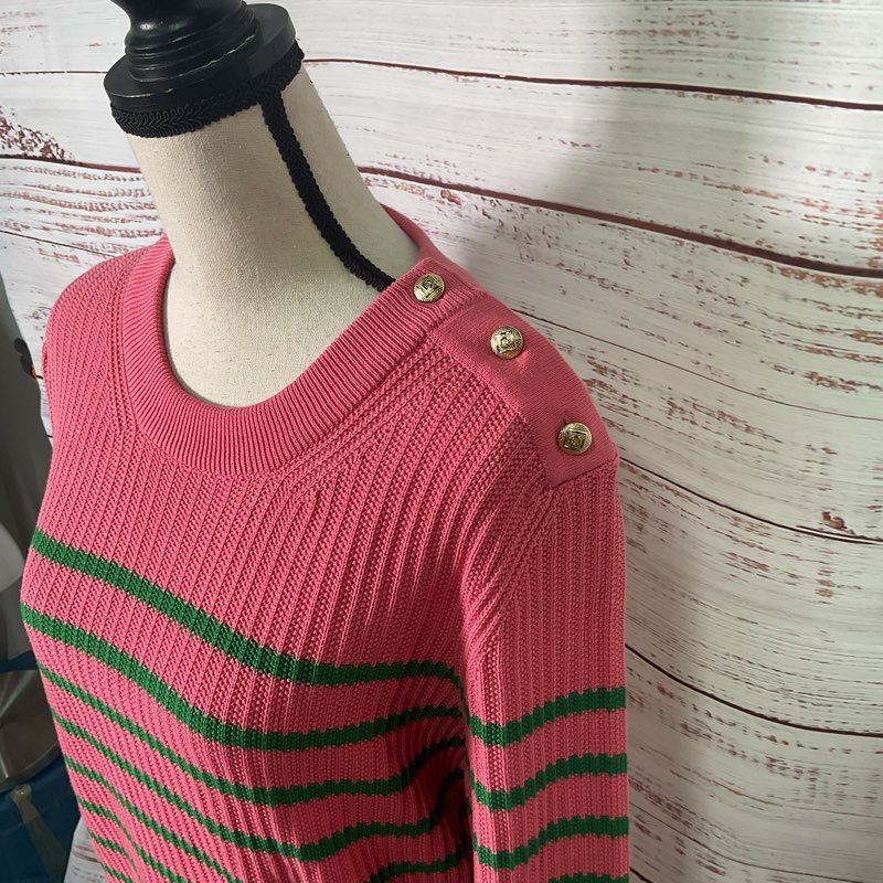 Gant Rapture Rose Pink & Green Striped Ribbed Knit Cotton Sweater - Size M