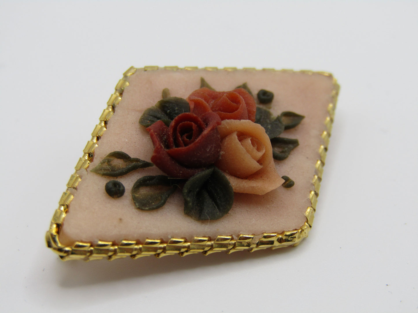 Vintage Handcrafted Floral Rose Resin Gold Plated Brooch Pin