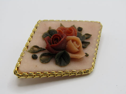 Vintage Handcrafted Floral Rose Resin Gold Plated Brooch Pin