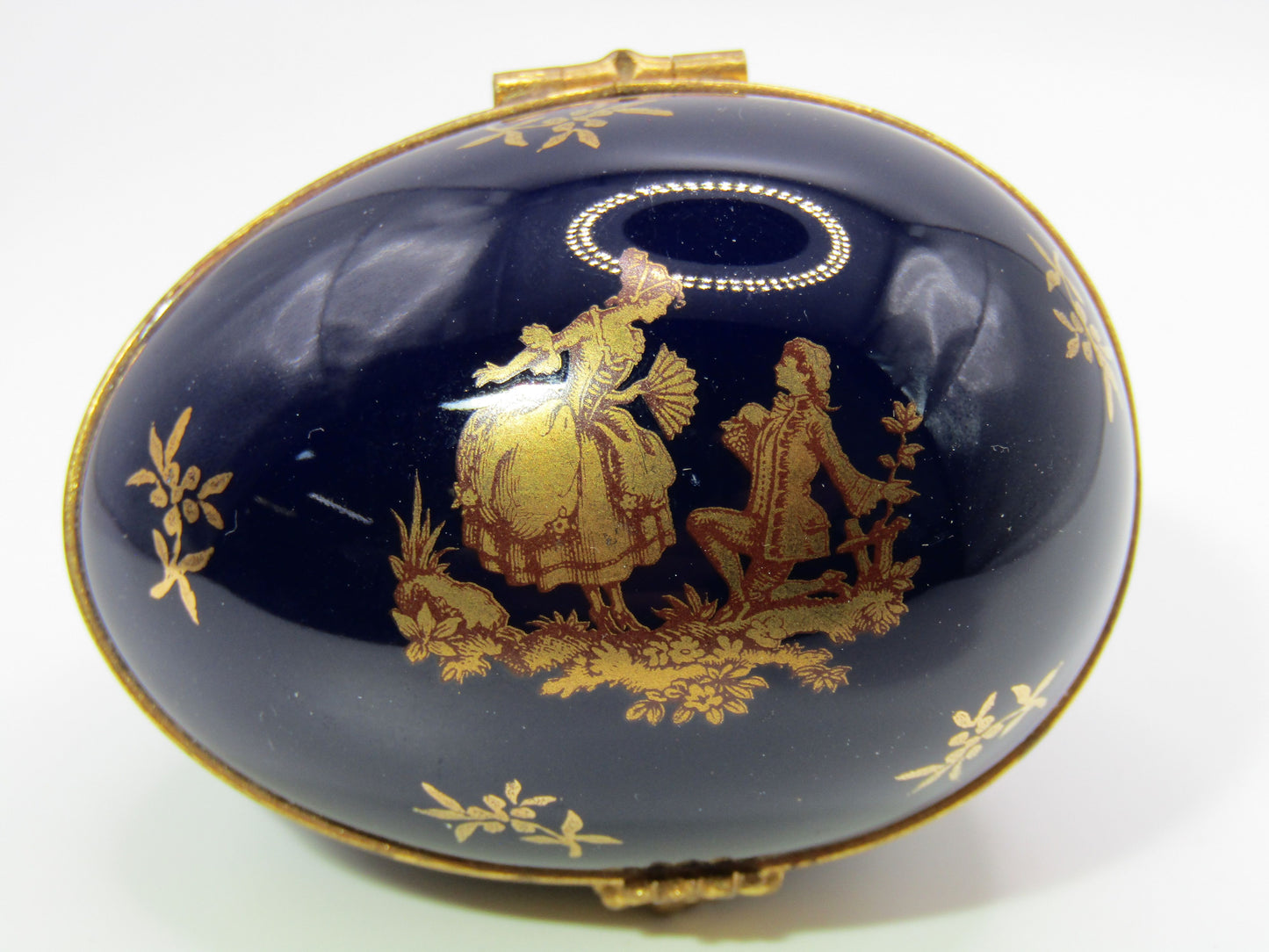 Limoges Courting Couple Cobalt Blue 24k Gold Wash Egg Trinket Box Made in France