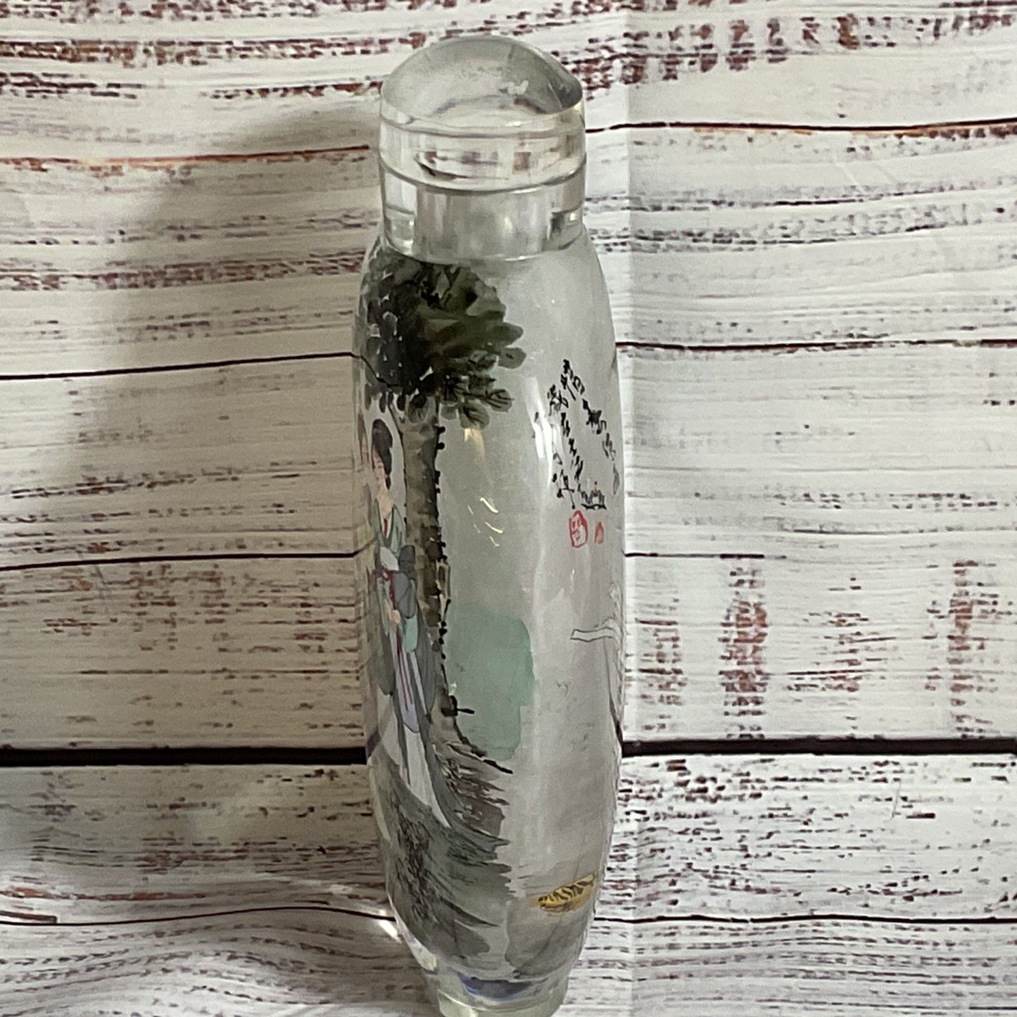 VTG./ANTIQUE Japanese Frosted Glass Reverse Hand Painted Bottle- 8.5"