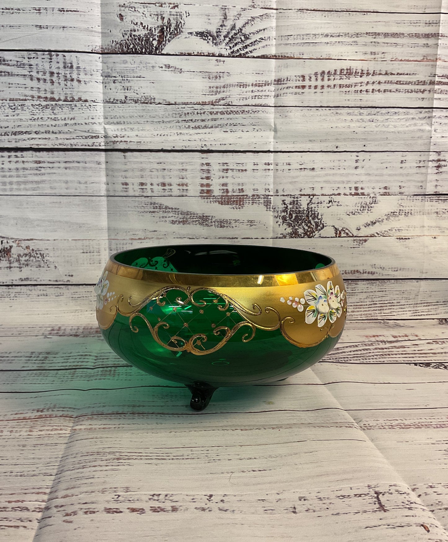 Gold Bohemia Czech Republic Green Glass Bowl