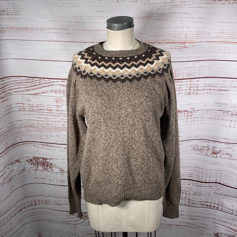 Frame Fair Isle Mushroom Heather Brown Knit Wool Crewneck Sweater - Size XL