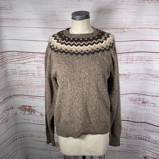 Frame Fair Isle Mushroom Heather Brown Knit Wool Crewneck Sweater - Size XL