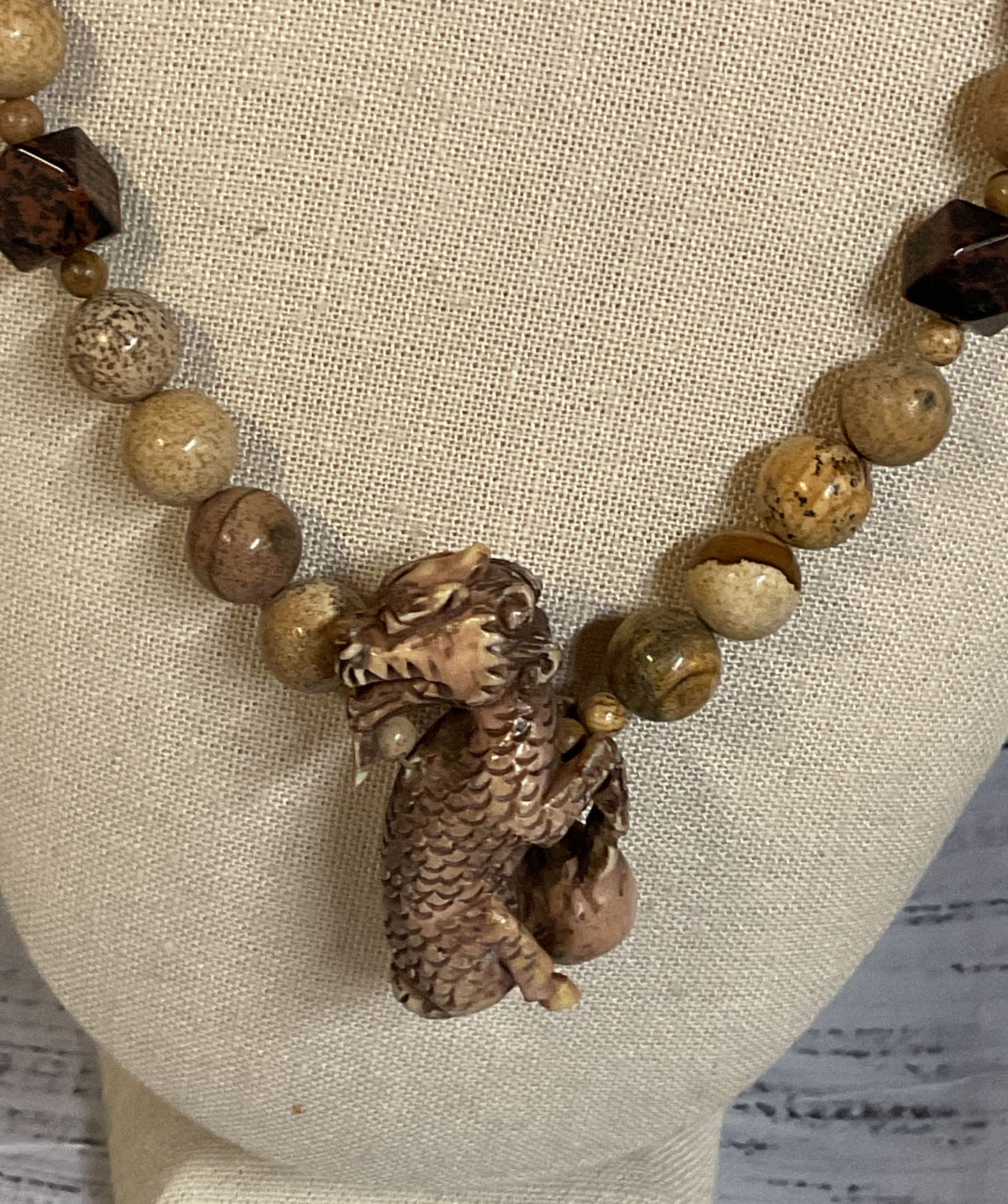 Jasper Beaded Carved Wood Dragon Pendant Vintage Necklace Silver Filigree Clasp