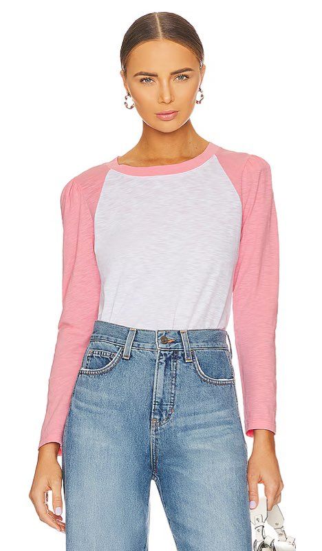 VERONICA BEARD Jeans Women's Mason Baseball Tee Rosebloom/White Size M