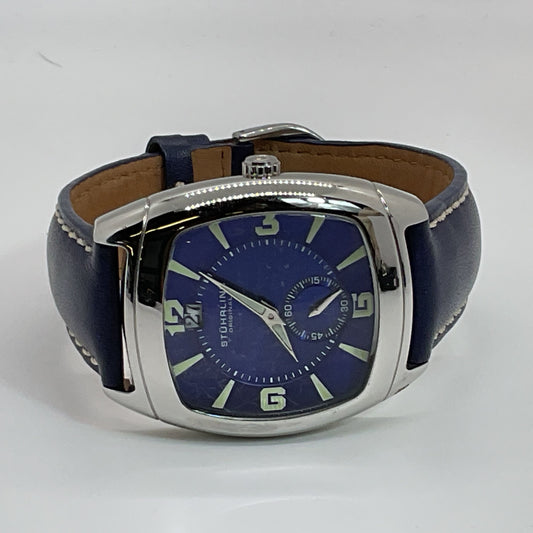 STUHRLING Men's Stainless Princeton II Blue Leather Band Quartz Watch