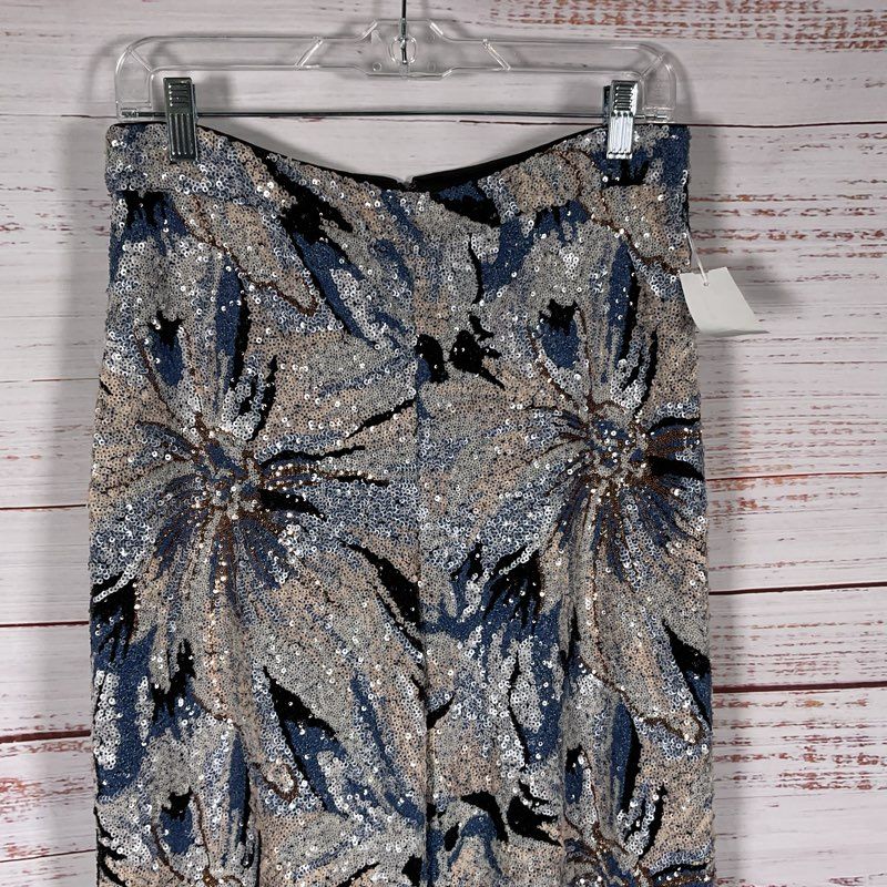 NWT Badgley Mischka Silver & Blue Floral Sequined Wide Leg Pants - Size M
