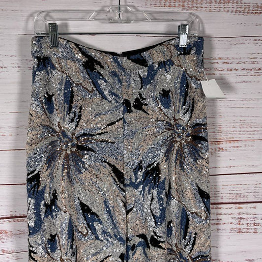 NWT Badgley Mischka Silver & Blue Floral Sequined Wide Leg Pants - Size M