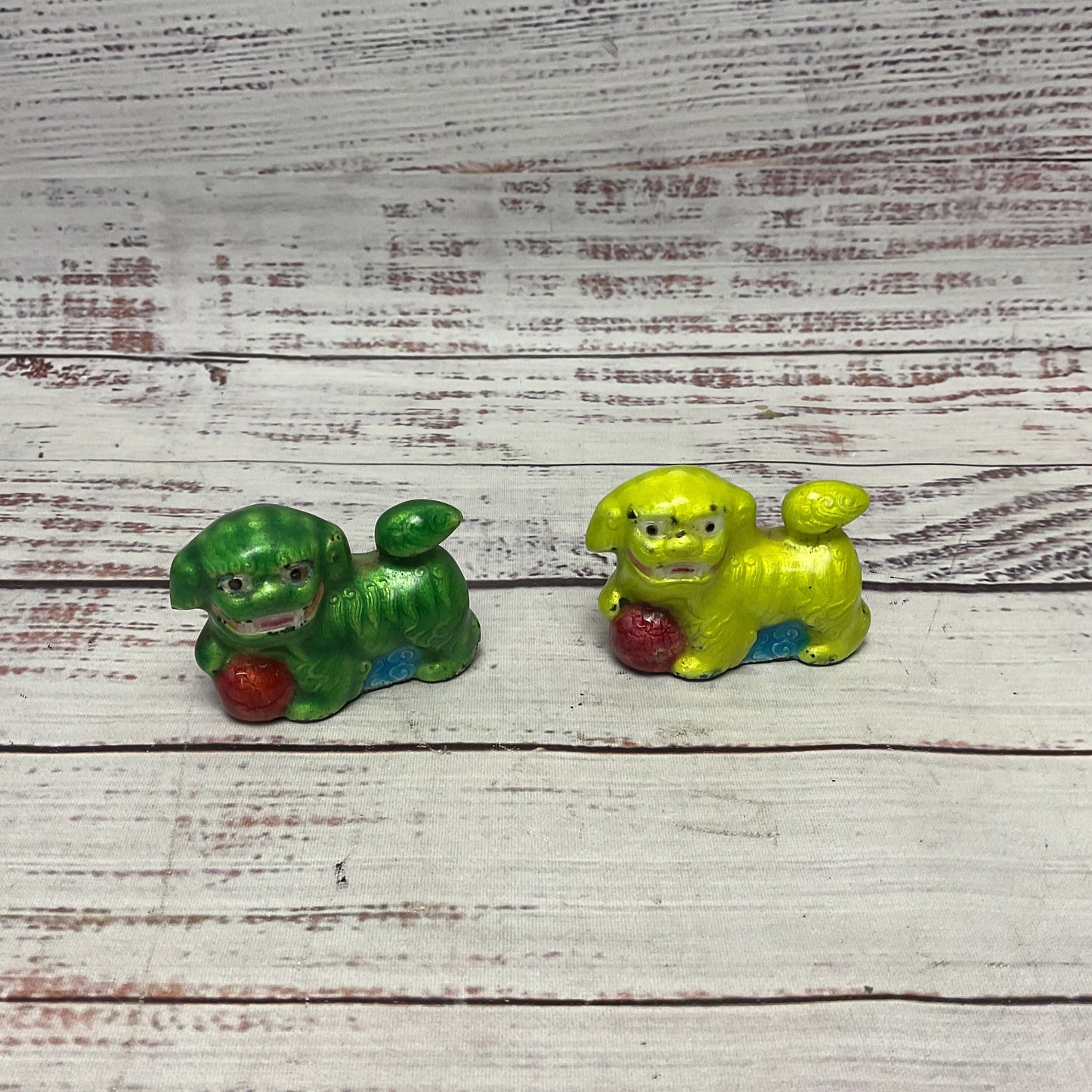 Vintage Cloisonne Green & Yellow Enamel Foo Dogs Pair of 2
