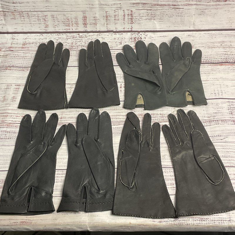 VTG. Mixed Lot of 4 Pairs of Black Leather Stitch Detail Driving Gloves sz Small