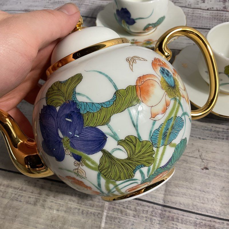 Auratic Happiness Heming 7 Pc Tea Cup Saucer Tea Pot Set 24k Gold Trim Porcelain
