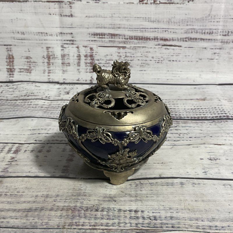 Blue Ceramic Metal Fu Dog Adorned 3.5" Chinese Incense Burner