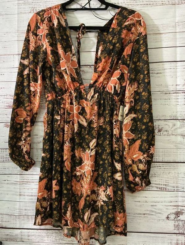 NWT Free People Black Orange Print Mini Dress w/open back Size XS Retail $128