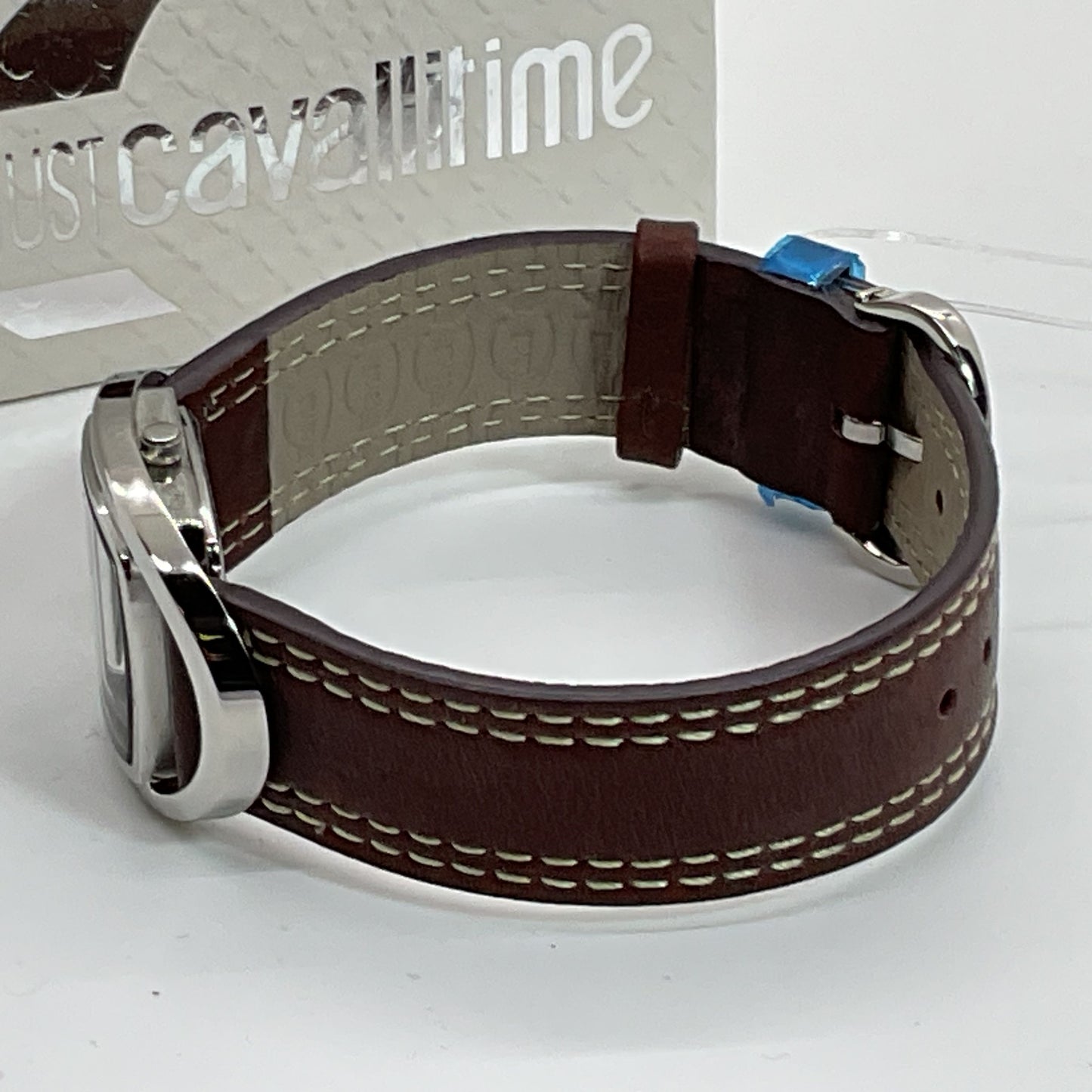 NEW JUST CAVALLI Time Silver Tone & Brown Leather Band Watch