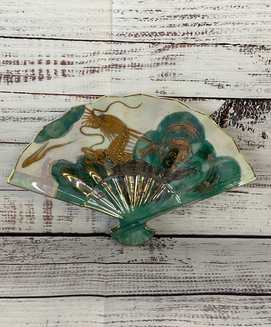 Aito Hand Painted 18K Gold Dragon Trinket Fan Dish Multicolor