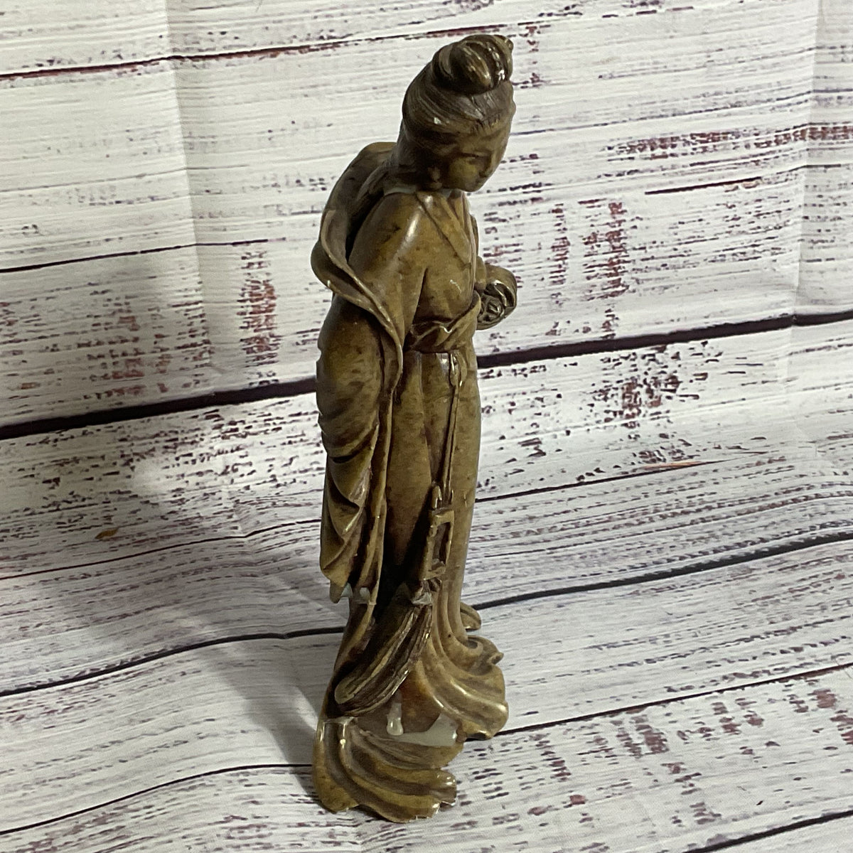 Signed VTG./ANTIQUE Chinese Quan Yin Holding Basket Soapstone Figurine- 7"