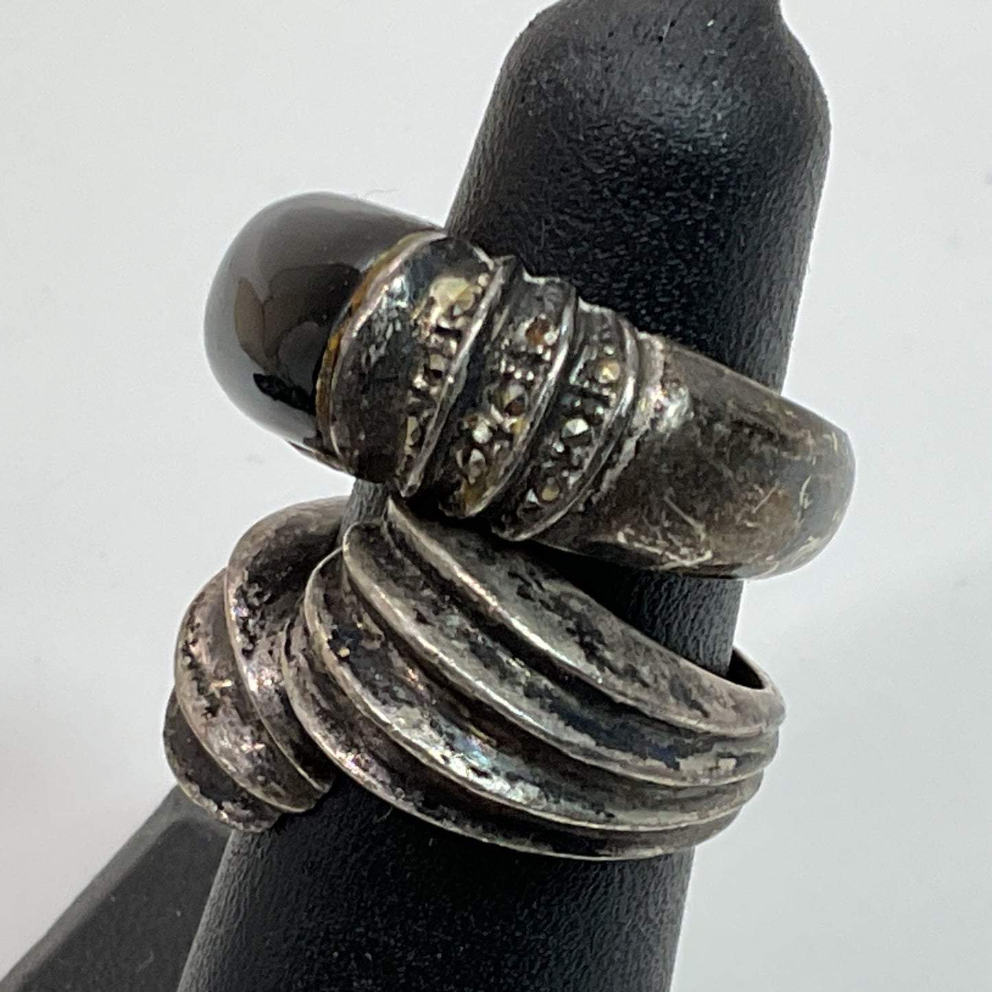 Set of 2 Sterling Silver Onyx & Marcasite SZ 6&7 Rings- 11.35g