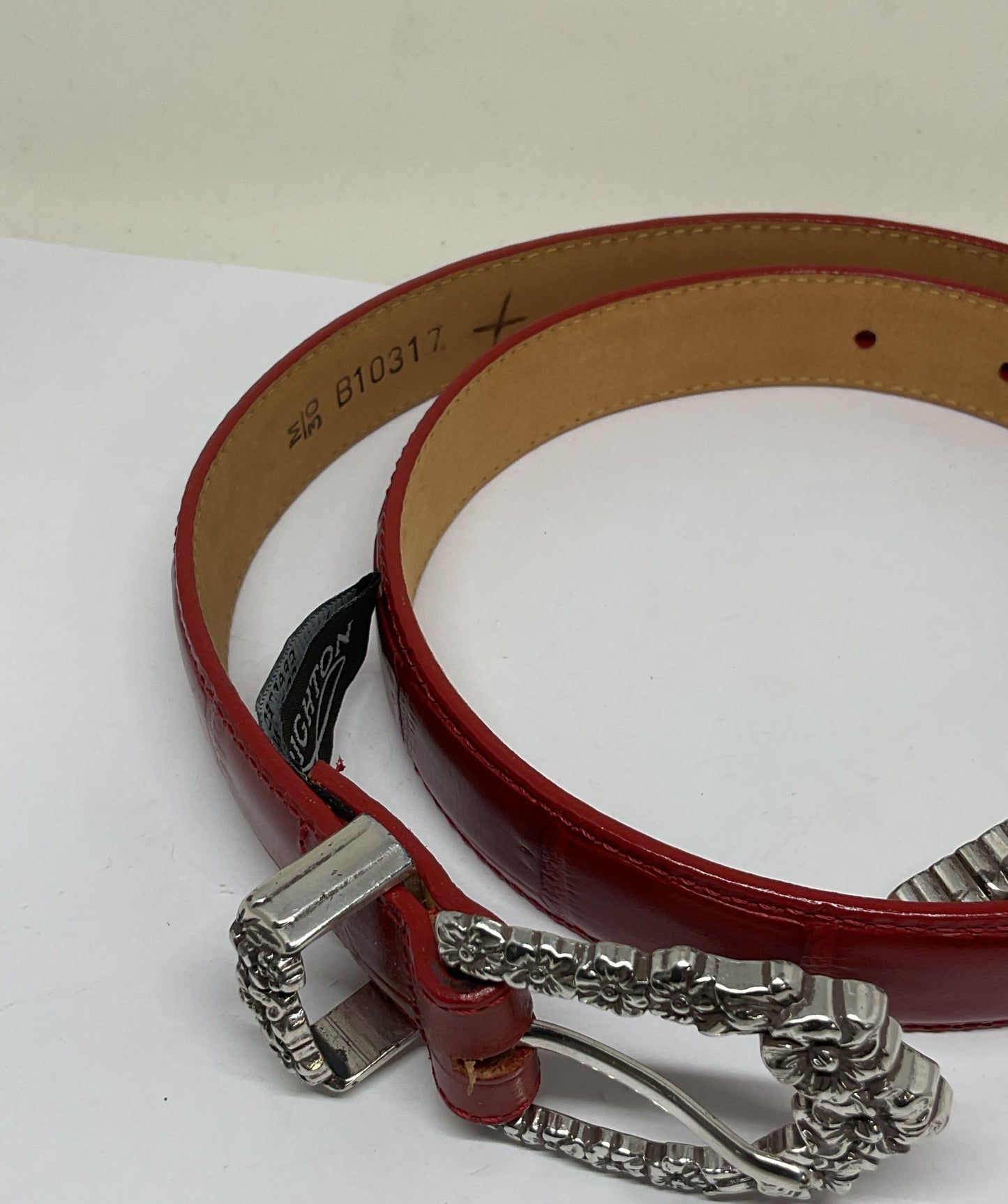 Brighton Red Embossed Leather Silver Tone Buckle Belt - Size M