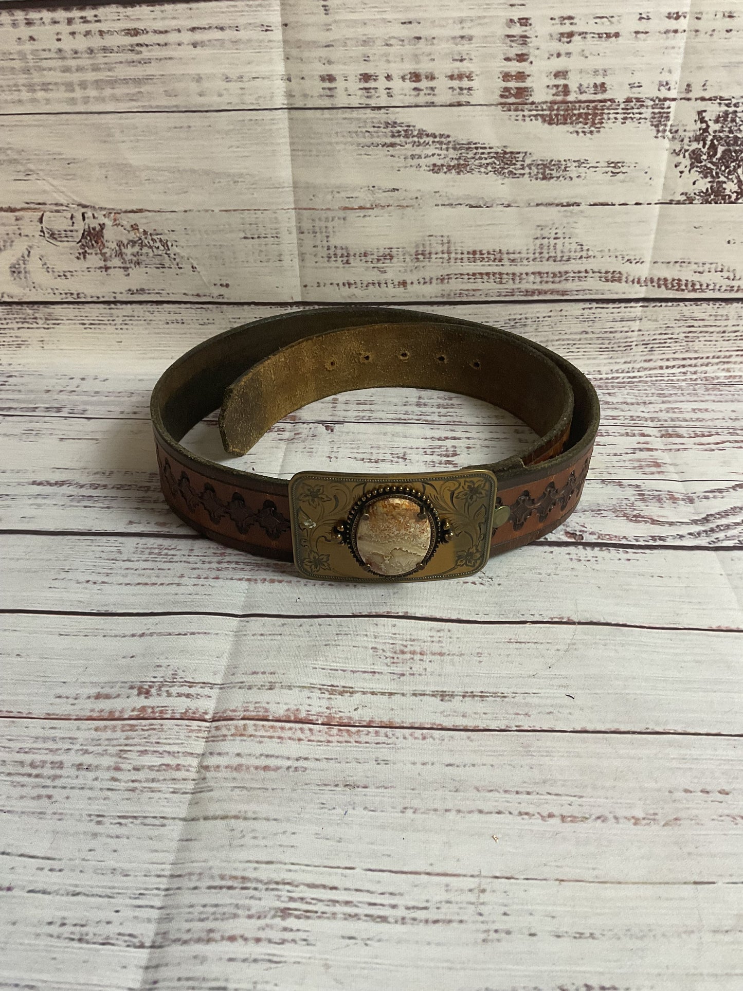 Embossed Leather Belt Brown Belt with Metal Buckle + Stone - 40"