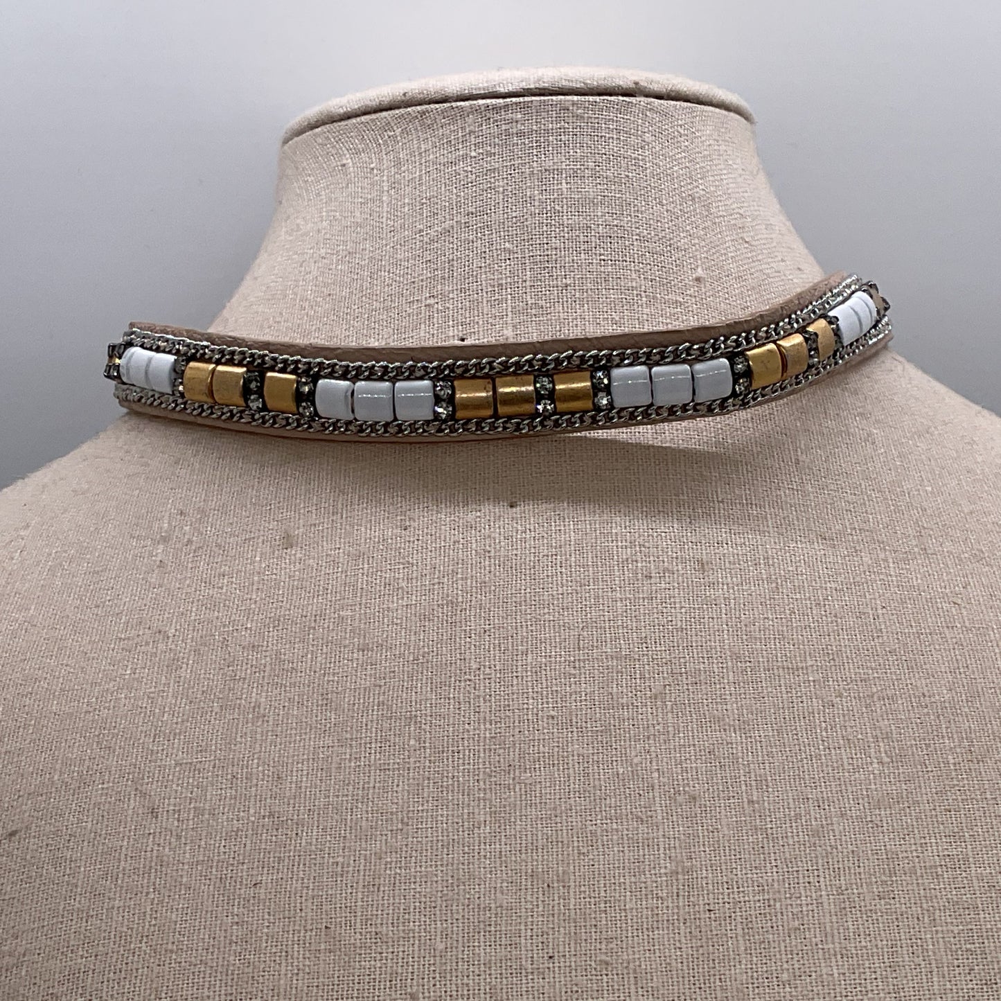 STELLA & DOT Leather & Rhinestone Choker Necklace- 14"