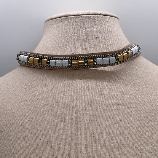 STELLA & DOT Leather & Rhinestone Choker Necklace- 14"